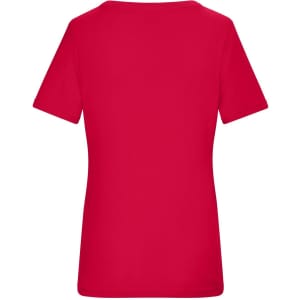 A red ladies T-shirt with a classic fit and short sleeves. It features a logo on the back.