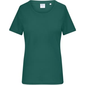 A dark green ladies’ t-shirt with short sleeves and a round neckline. The shirt features a logo on the label.