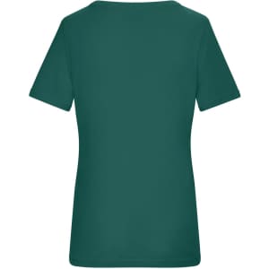 A teal ladies T-shirt with short sleeves and a fitted design, featuring a logo on the back.