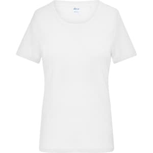 A white ladies' t-shirt with a ribbed neckline and short sleeves, featuring a logo on the inner label.