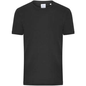 A black men's T-shirt with a ribbed crew neckline, featuring a label and a simple design.