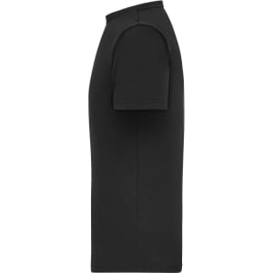 A black men's T-shirt with short sleeves and a ribbed neckline. Features a logo on the chest.