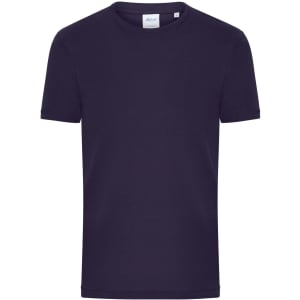 A navy men's T-shirt with a classic 1:1 ribbed design and a tag label. The shirt has a plain appearance.