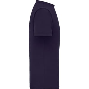 A plain navy men's T-shirt with short sleeves and a ribbed collar, featuring a logo on the side.