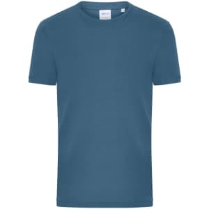 A men's T-shirt in a slate blue colour, featuring a round neck and short sleeves, with a brand logo at the neck.