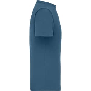 A blue men's T-shirt with short sleeves and a ribbed collar, featuring a logo on the side.
