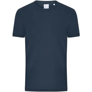 A navy blue men's T-shirt with a round neck and short sleeves, featuring a brand logo on the label.