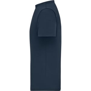 A navy blue men's T-shirt with a ribbed design and short sleeves, featuring a logo on the sleeve.