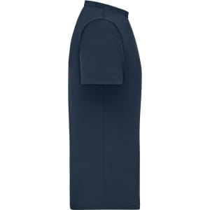 A navy men's T-shirt with short sleeves and a ribbed collar, featuring a logo on the side.