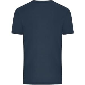 A navy blue men's T-shirt with a ribbed neckline and short sleeves, featuring a logo on the back.