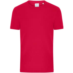 A red men's T-shirt with a classic crew neck and short sleeves, featuring a logo on the label.