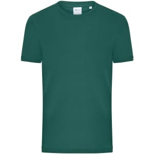 A green men's T-shirt with a crew neckline and short sleeves, featuring a logo on the label.