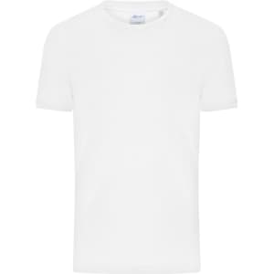 A white men's T-shirt with a round neck and short sleeves, featuring a branding logo.
