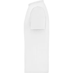 A white men's T-shirt with short sleeves, featuring a ribbed design and a visible logo.