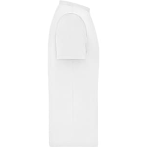 A white men's T-shirt with short sleeves and a ribbed neckline, featuring a logo on the front.