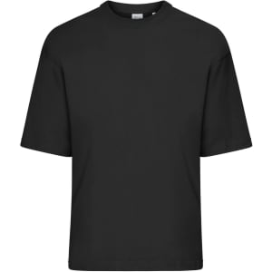 An oversized black T-shirt with short sleeves and a round neckline, featuring a logo on the tag.