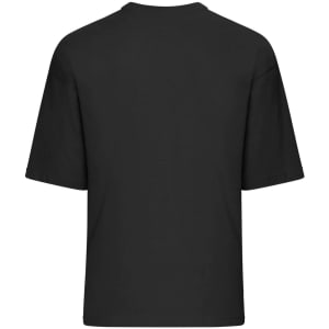 A black oversized T-shirt featuring a loose fit and short sleeves. The back view shows a simple design with no text.