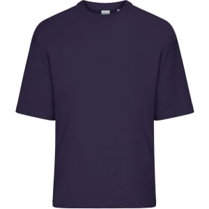 An oversized purple T-shirt featuring short sleeves and a rounded neckline. The shirt has a logo on it.