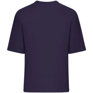 An oversized purple T-shirt featuring short sleeves and a simple design, with a logo on the back.