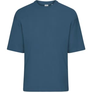 An oversized navy T-shirt with a loose fit and short sleeves, featuring a simple design.
