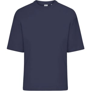 An oversized navy T-shirt with short sleeves, featuring a simple design and a logo.
