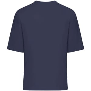 An oversized navy T-shirt with short sleeves and a round neckline. The back view shows a plain design without graphics.