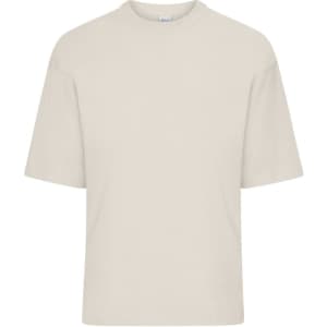 An oversized beige T-shirt with short sleeves and a plain design, featuring a branding logo.