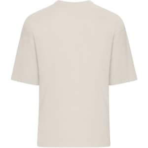 An oversized beige T-shirt with short sleeves and a round neckline, featuring a logo on the back.
