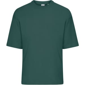 An oversized dark green T-shirt with short sleeves and a round neckline. The shirt features a logo on the label.