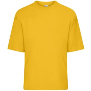 An oversized yellow T-shirt with short sleeves and a relaxed fit, featuring a logo on the label.