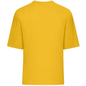 A yellow oversized T-shirt with short sleeves and a plain back, featuring a logo on the neckline.