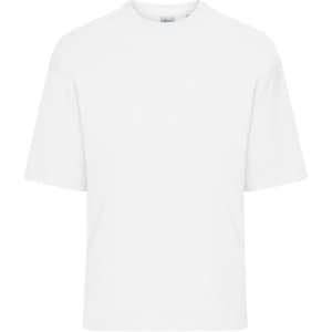 An oversized white T-shirt with short sleeves and a round neck, featuring a logo on the tag.