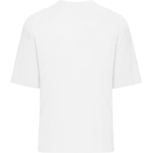 An oversized white T-shirt featuring a simple design and a logo.