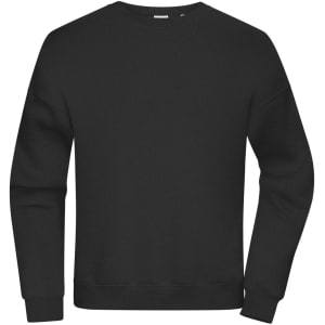 An oversized black sweatshirt with a crew neckline and long sleeves, featuring a logo on the back.