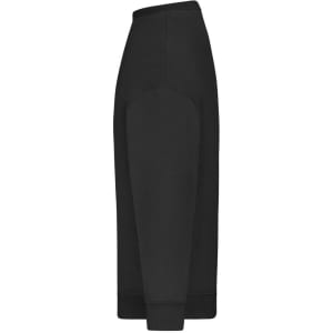 An oversized black jumper with long sleeves, featuring a simple design and a logo on the side.