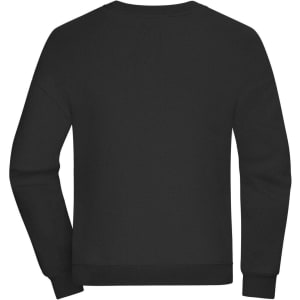 An oversized black jumper featuring a simple design and a logo on the back.