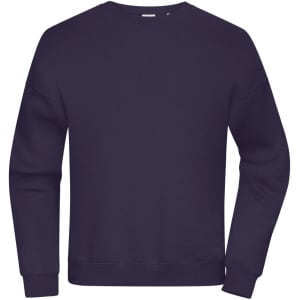 An oversized navy jumper with long sleeves and a crew neckline. It features a logo on the front.
