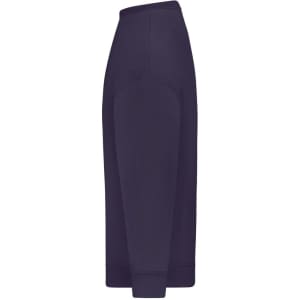 A side view of an oversized, dark purple jumper with a simple design and a logo.