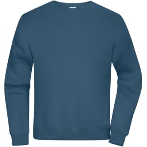 An oversized sweatshirt in a deep blue shade, featuring a simple design and long sleeves. It has a logo on the back.