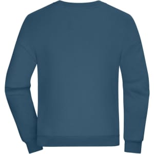 An oversized jumper in a deep blue colour with long sleeves and a crew neckline. It has a logo on the garment.