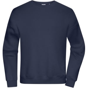 An oversized navy sweatshirt with a classic crew neck and long sleeves, featuring a logo.