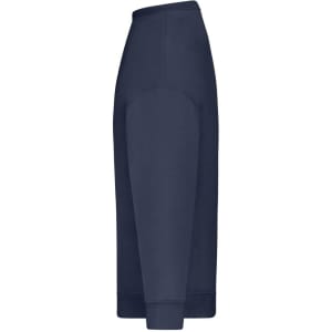 An oversized navy sweat jumper features a sleek, ribbed hem and sleeves, with a side profile view.