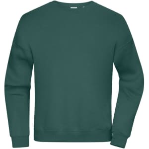 An oversized jumper in a deep green colour, featuring a crew neck and long sleeves. It has a visible logo.