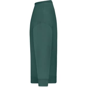 An oversized green jumper displayed from the side, featuring a smooth fabric and ribbed cuffs. It has a logo.