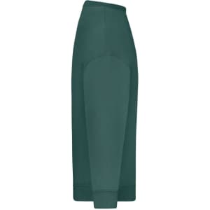 An oversized green sweatshirt featuring a simple design and a plain texture. It has a branding logo on one side.