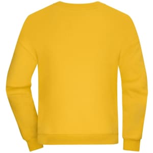A back view of an oversized yellow sweatshirt featuring long sleeves and a simple design.