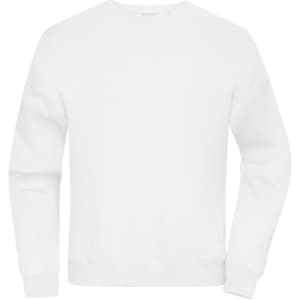 An oversized white sweatshirt with long sleeves and a crew neck, featuring a logo.