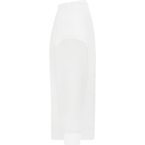 An oversized white jumper with long sleeves and a relaxed fit, featuring a logo on the side.