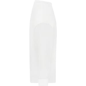 A white oversized jumper with a unique design featuring cut-out details on the sleeves. It has a logo.