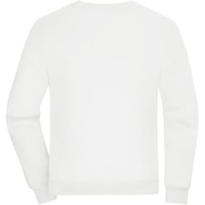 A white oversized sweatshirt with long sleeves and a simple design, featuring a logo on the back.